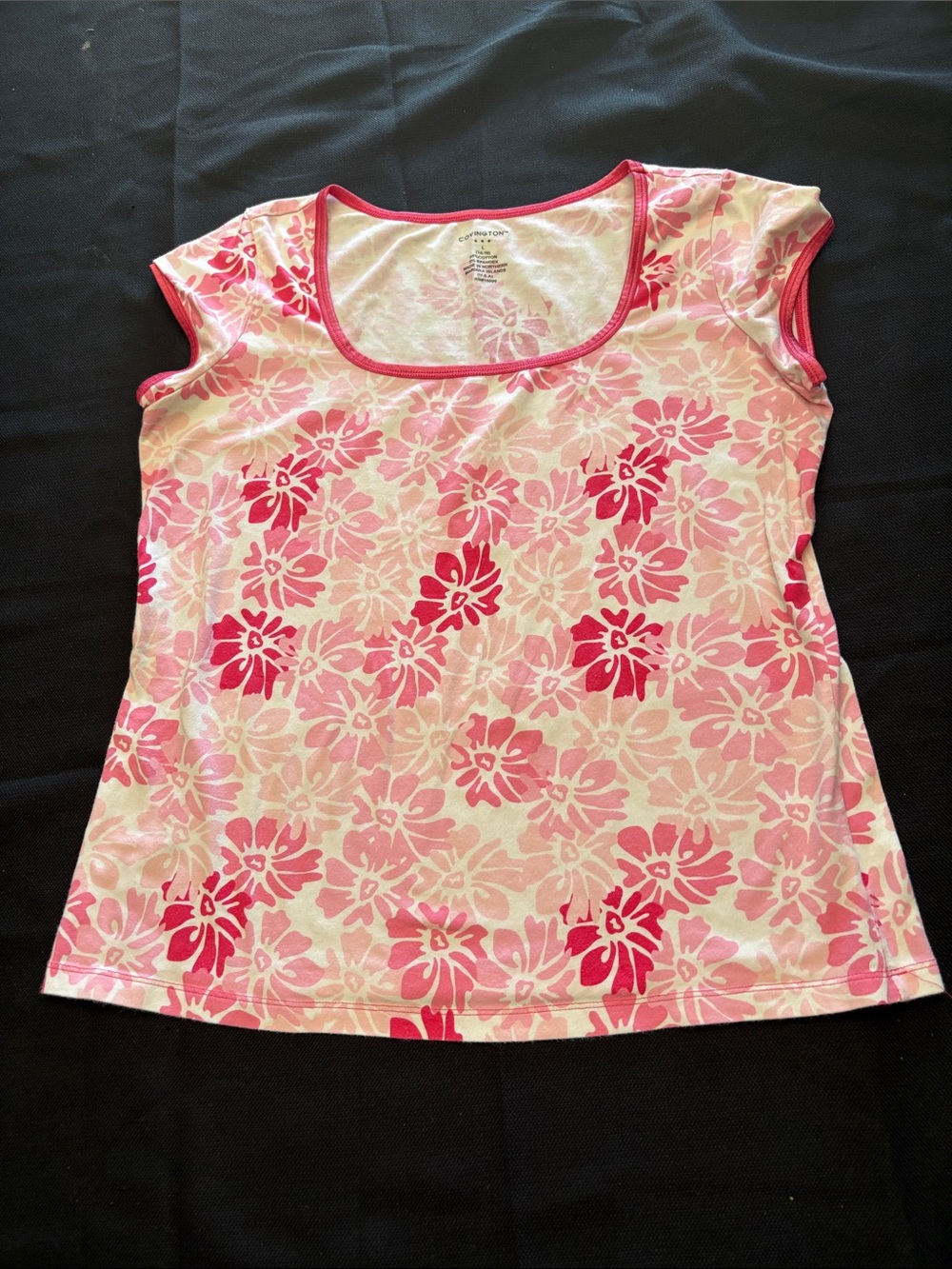 Covington Pink Floral Scoop Neck Short Sleeve Tee with Hot Pink Trim